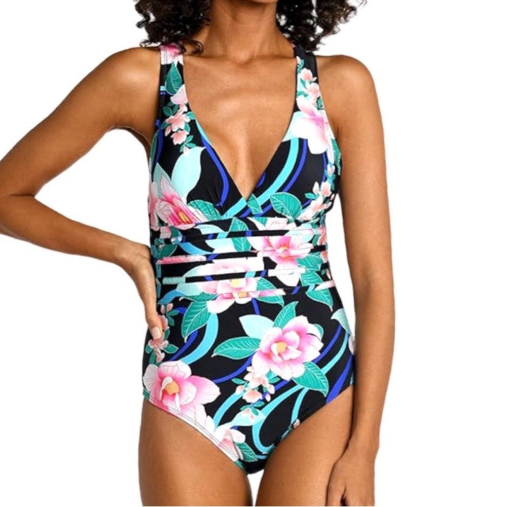 NEW La Blanca One Piece Crisscross Back Swimsuit Nightfall Blooms Black Size 14